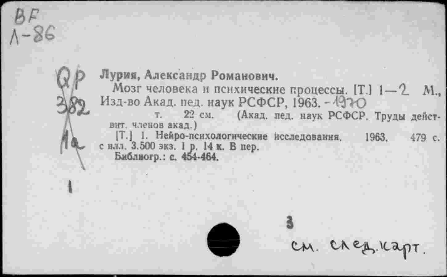 ﻿ИР
Лурия, Александр Романович.
Мозг человека и психические процессы. [Т.] 1—М., Изд-во Акад. пед. наук РСФСР, 1963.
т. 22 см. (Акад. пед. наук РСФСР. Труды дейст-вит. членов акад.)
[Т.] 1. Нейро-психологические исследования. 1963.	479 с.
с илл. 3.500 экз. 1р. 14 к. В пер.
Библиогр.: с. 454-464.
5
См